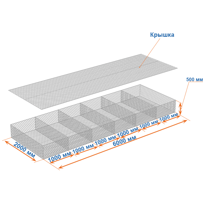 Габион матрац  ГСИ-М 6х2х0,5 оцинкованный, Ø проволоки 2,7 мм, размер ячейки 8х10 см фото