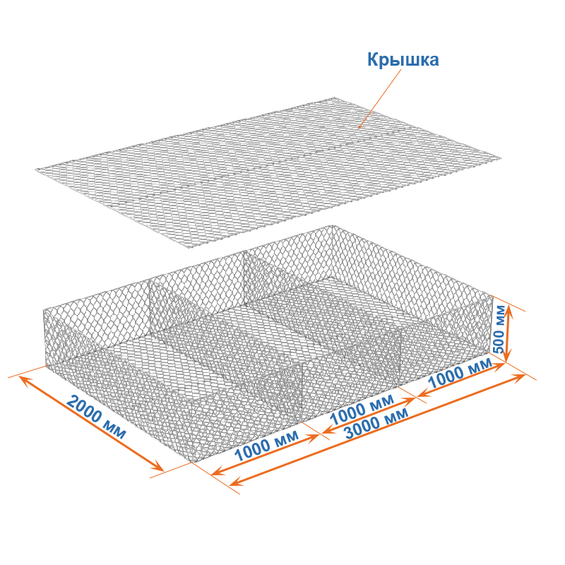 Габион матрац  ГСИ-К 3х2х0,5 оцинкованный, Ø проволоки 2,7 мм, размер ячейки 6х8 см фото