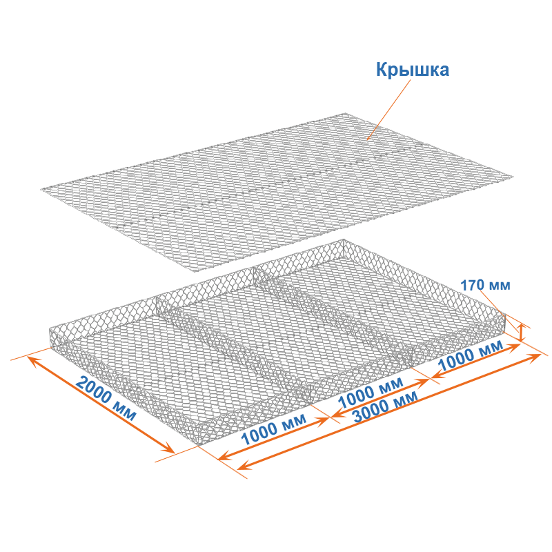 Габион матрац ГСИ-М 3х2х0,17 оцинкованный / ЦП, Ø проволоки 2,4/3,4 мм, размер ячейки 6х8 см фото